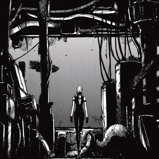 A black-and-white manga screencap of Cibo from Blame! by Nihei Tsutomu. She is standing in front of a large fishtank.